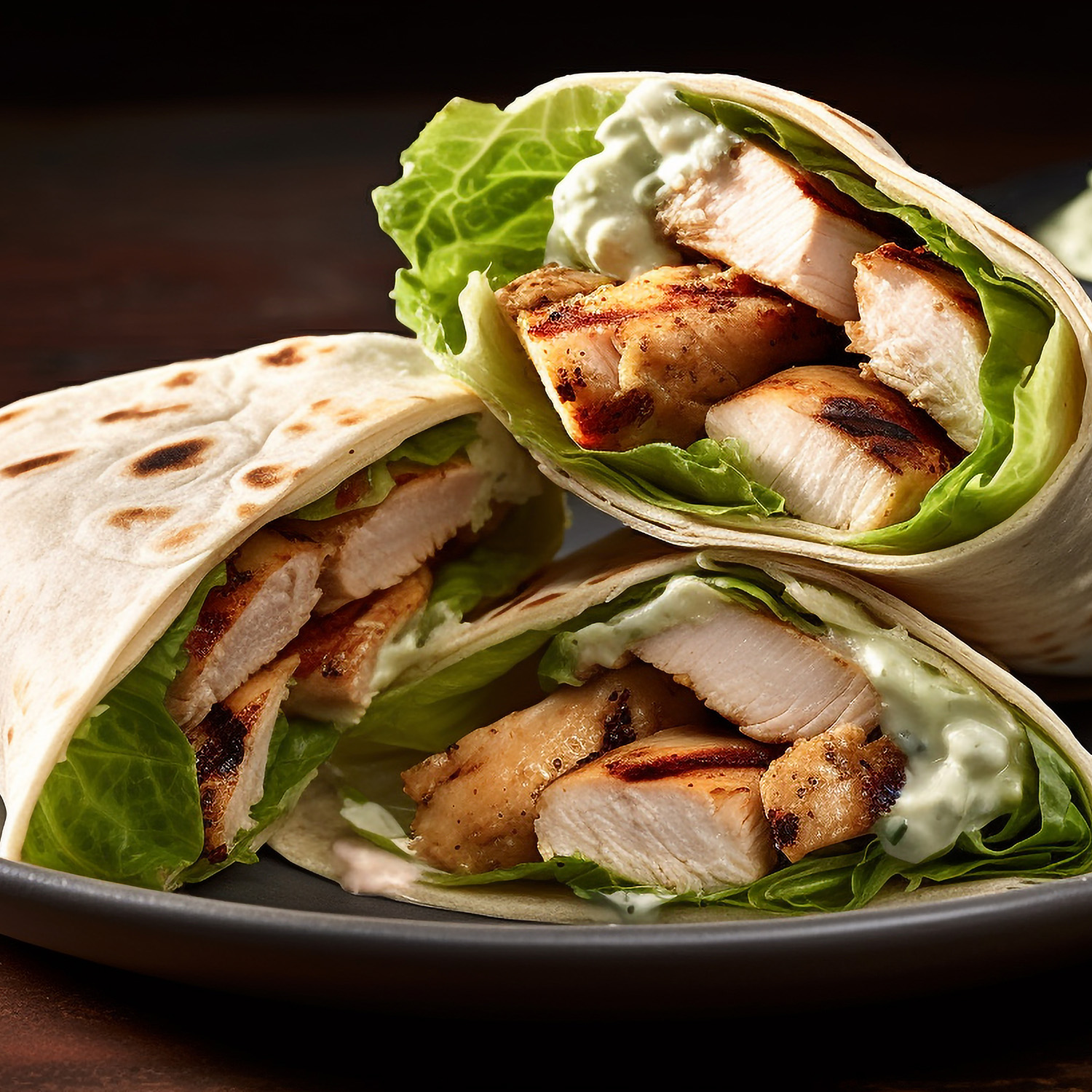 Grilled chicken Caesar wrap with crunchy romaine lettuce
